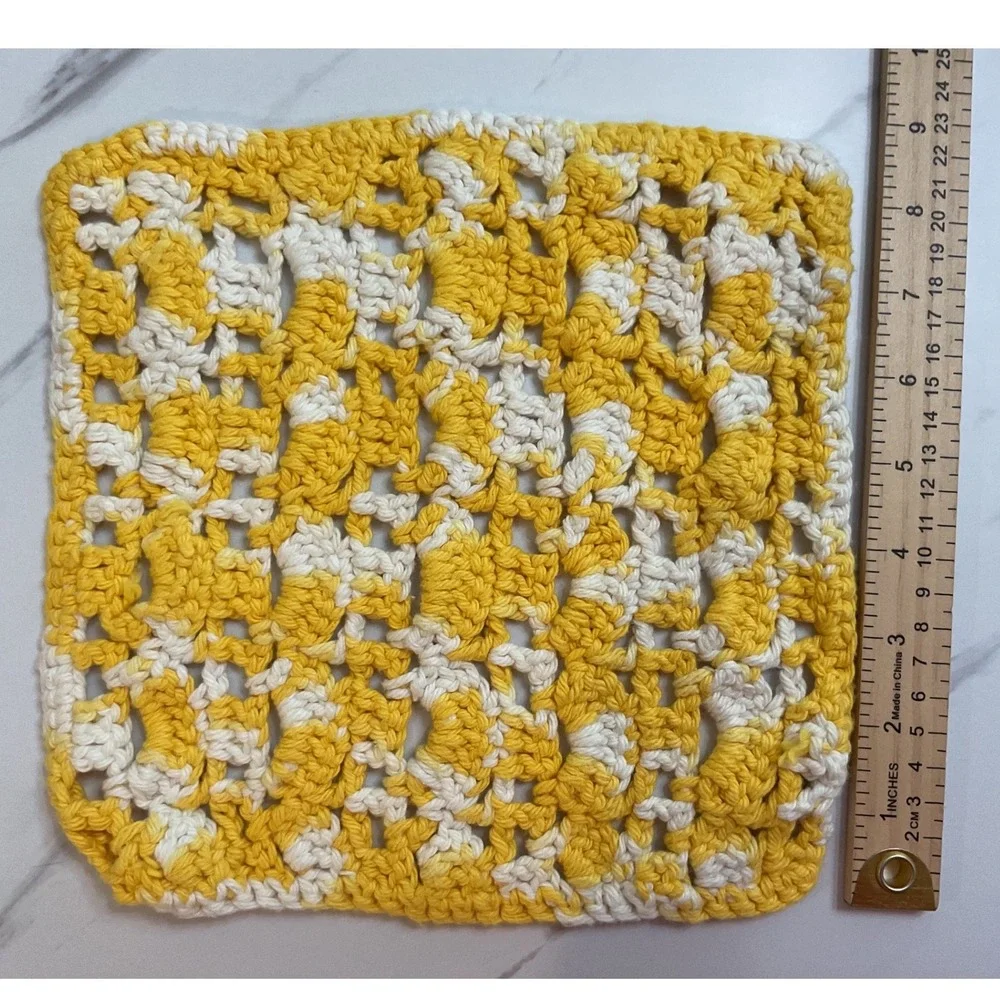 Handmade Crochet Dishcloth Yellow White Variegated Cotton Square 8.5 Inch